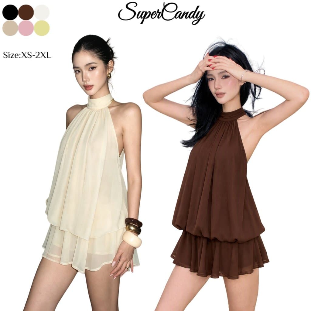 SuperCandy🌷มินิเดรสคล้องคอสีพื้นทรงเข้ารูปสไตล์ฝรั่งเศสที่แมตช์ลุคได้หลากหลาย