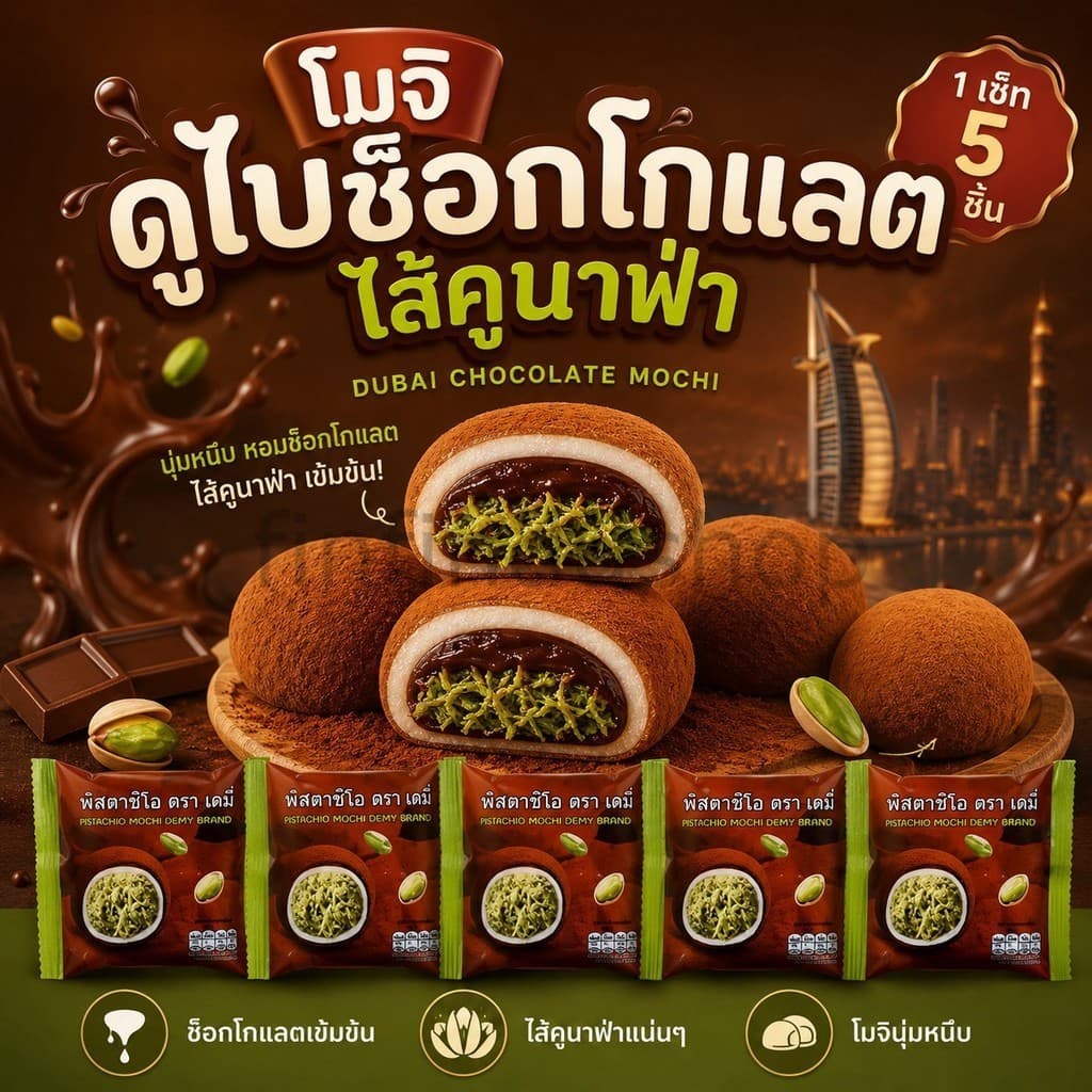 โมจิช็อคโกแลตดูไบ ไส้คูนาฟ่าพิตาชิโอ (เซ็ท 5 ชิ้น)