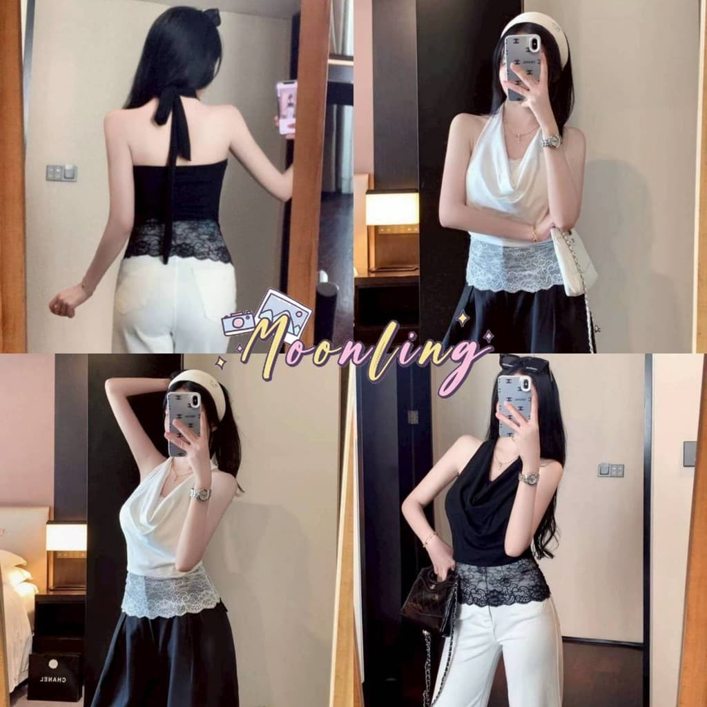 🌜Moonling🌛พร้อมส่งจากไทย เสื้อคล้องคอ สีพื้นผ้านุ่มนิ่ม ดีเทลแต่งลูกไม้ มีฟองน้ําในตัว *FY5593*