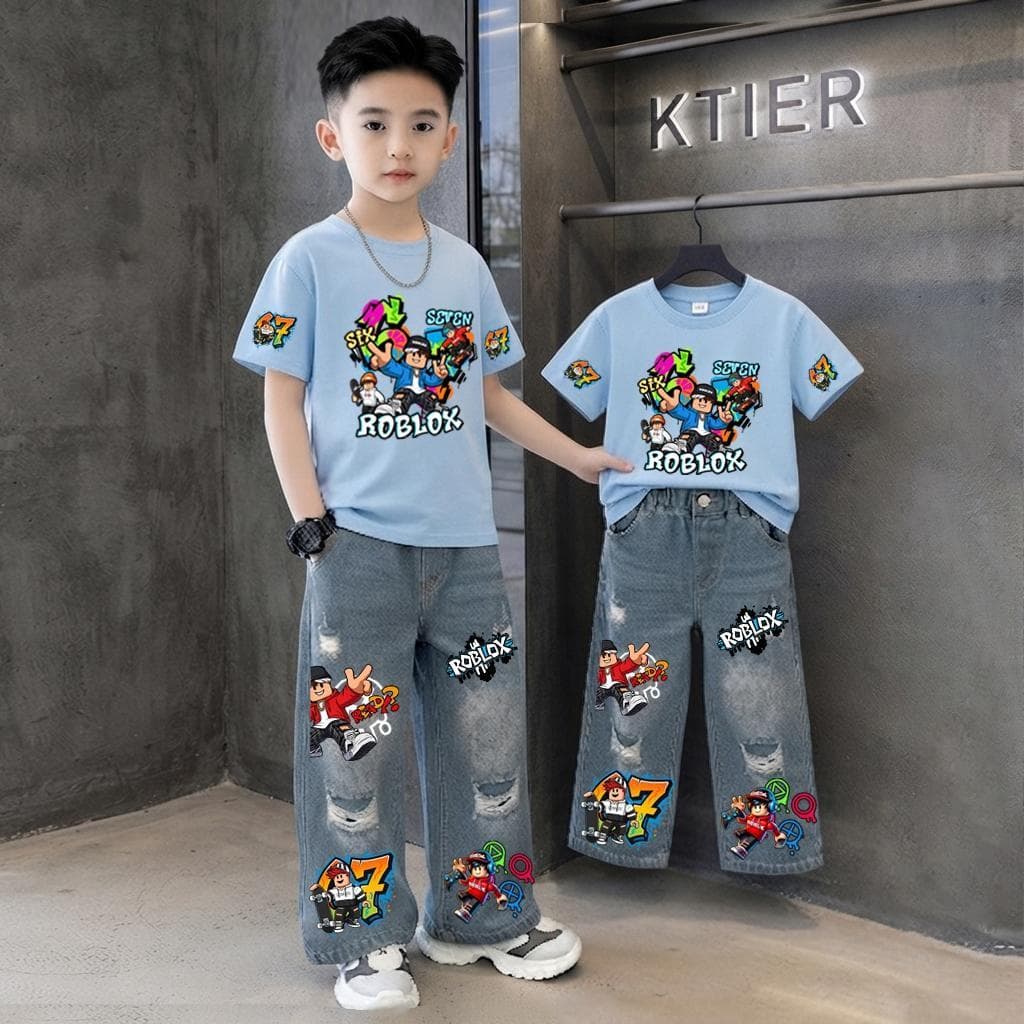 ชุดเซ็ทเด็กผู้ชาย ลายROBLOXสุดฮิต 2ชิ้น เสื้อลายสกรีน*กางเกงยีนส์สกรีน สไตล์เกาหลี