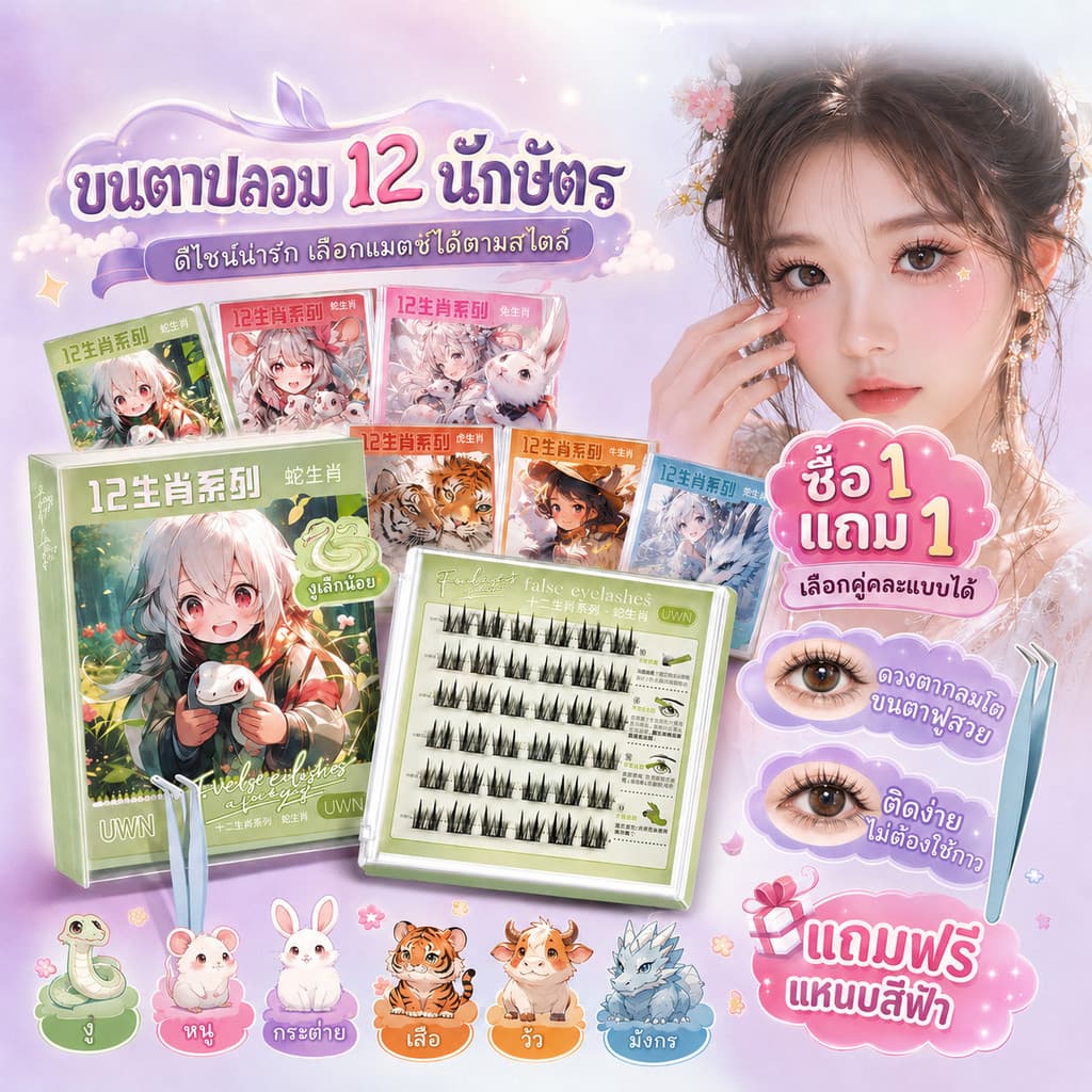 ขนตาปลอม 3D ซีรีส์ 12 ราศี มีกาวในตัว ไม่ต้องใช้กาว ขยายตา ติดทน ใช้ซ้ําได้ มือใหม่ 30/36 ช่อ/กล่อง ซื้อ 1…
