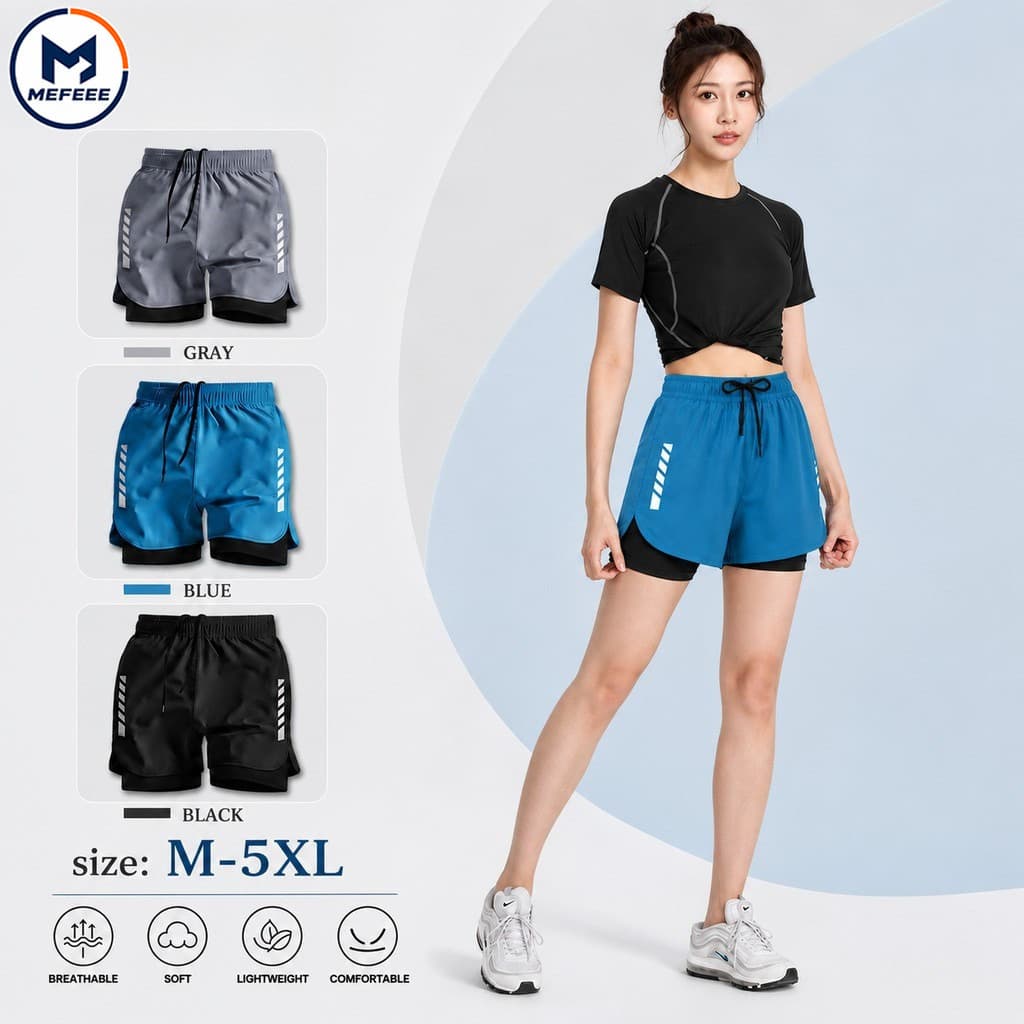 MEFEEE กางเกงวิ่งขาสั้นแห้งเร็วสําหรับทุกขนาดตั้งแต่ M ถึง 5XL ออกแบบ 2 ชั้น สีดําและเทา…