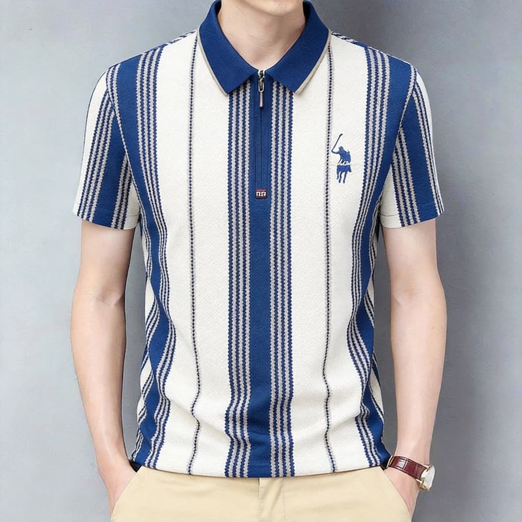 เสื้อโปโลผู้ชายแขนสั้น คอปกมีซิป ลายทางสกรีน ผ้าไอซ์ซิลค์ระบายอากาศ สไตล์ทันสมัย ทรงกระชับพอดีตัว