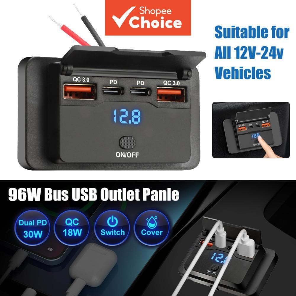 Dual QC3.0 USB Chargers แผงซ็อกเก็ตพร้อมสวิตช์แรงดันไฟฟ้าจอแสดงผลสําหรับรถยนต์เรือ RV