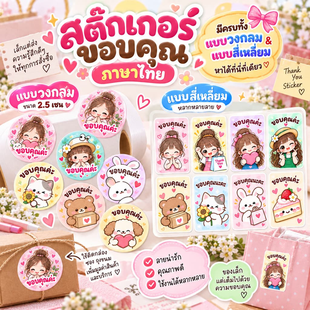 สติ๊กเกอร์ ขอบคุณ ภาษาไทย (Thank You) ลายน่ารักสุดคิ้วท์! เพิ่มมูลค่าให้แพ็กเกจจิ้ง มีทั้งแบบวงกลมและแบบ 4…