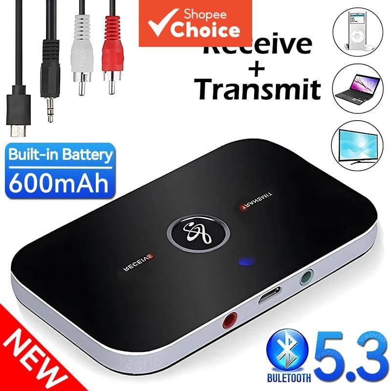 เครื่องส่งสัญญาณรับสัญญาณเสียงบลูทูธ B6 2 IN 1 เวอร์ชัน 5.3 ช่องเสียบ AUX 3.5 มม. RCA ดองเกิล USB…