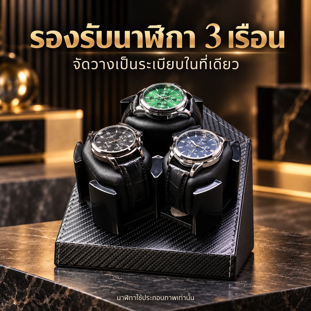 กล่องหมุนนาฬิกาอัตโนมัติ 3 เรือน Watch Winder สีดําลายคาร์บอน กล่องใส่นาฬิกา พร้อมหมอนรอง ดีไซน์หรู