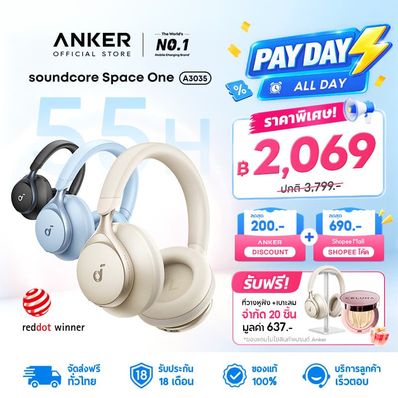 ANKER Soundcore Space One หูฟังบลูทูธไร้สาย Headphone Bluetooth 5.3 หูฟังบลูทูธ ANC 40H หูฟังไร้สาย LDAC…