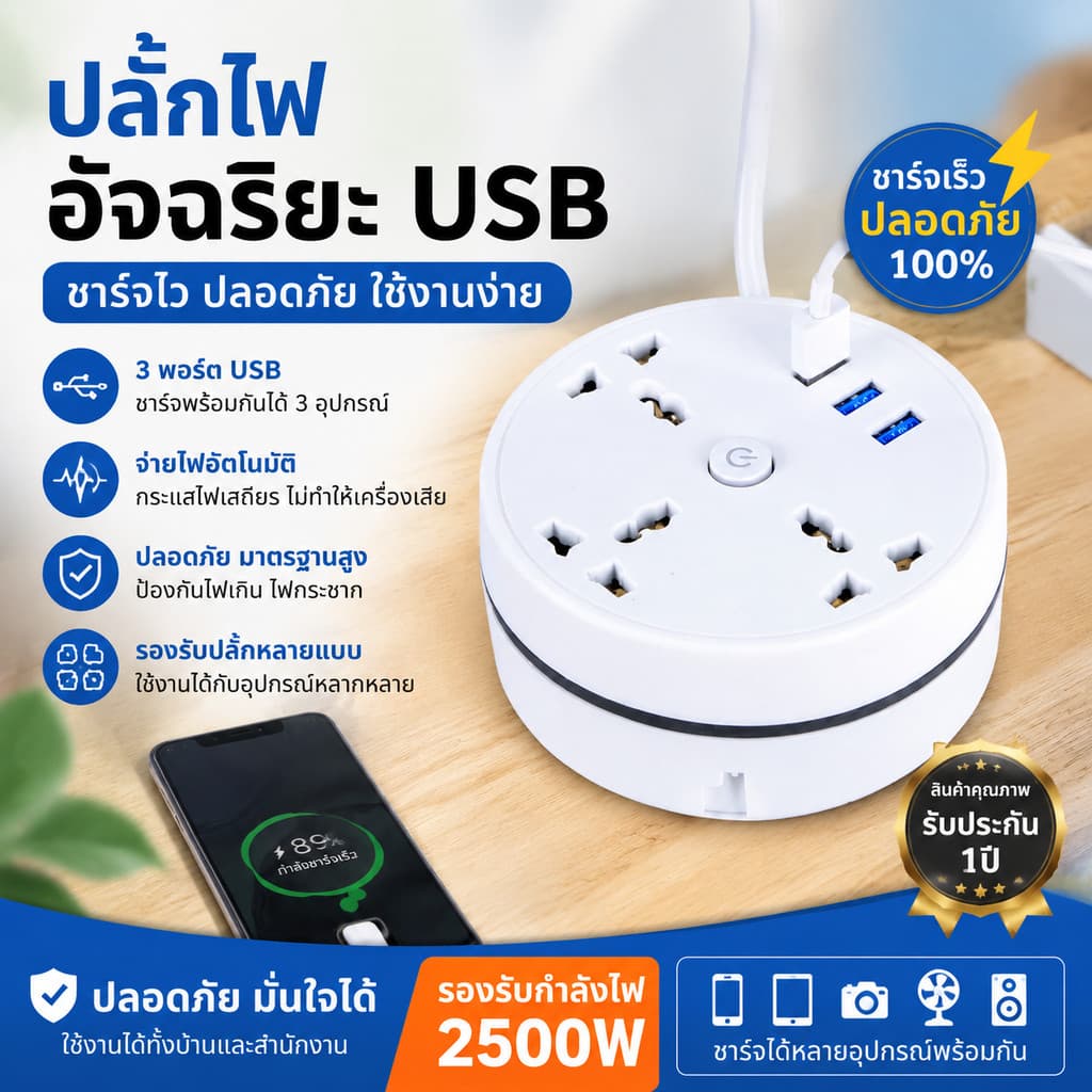 📦กรุงเทพฯ📦[ แท้ ] ปลั๊กม้วน ความยาว 1.8/2.8 เมตร USB 1 ช่อง มีมอก. รับประกัน 3 ปี ปลั๊กพ่วงเก็บสายได้ USB…