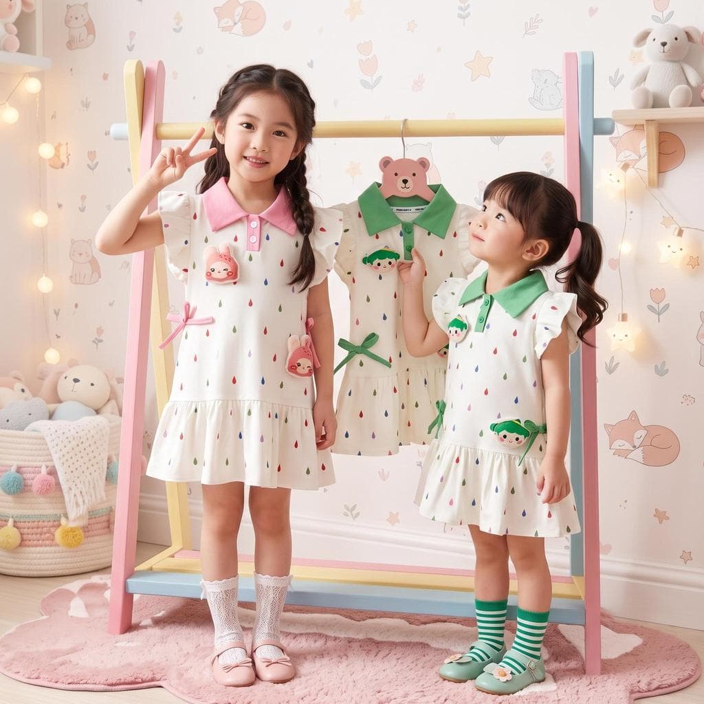 MooDeng Baby เดรสเด็กผู้หญิง ชุดเดรสกระโปรง ทรงตรง สีชมพู สีเขียว ปกคอโปโล แขนระบาย ติดตุ๊กตา ต่อชายระบาย