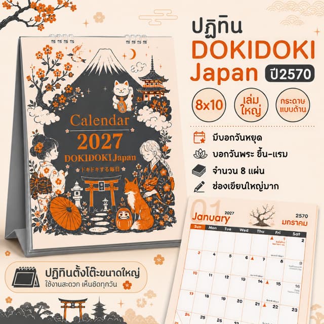 ปฏิทินตั้งโต๊ะ 2570 Calendar 2027 ปฏิทินไทยสไตล์ญี่ปุ่นมินิมอล ขนาด8x10 บอกวันพระวันหยุด หมึกไม่เลอะ