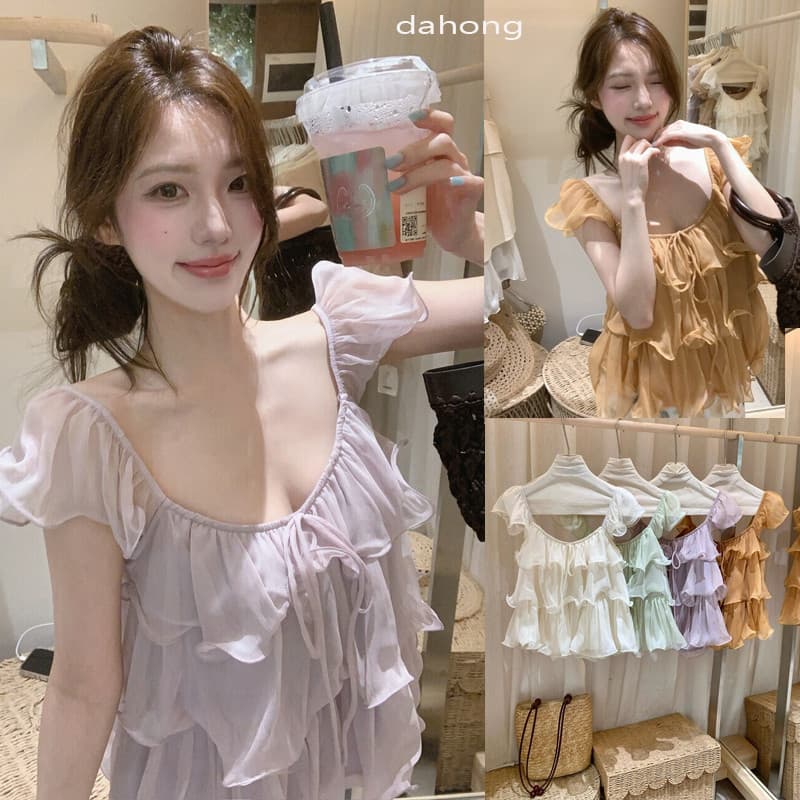 Dahong 💖 เสื้อเชิ้ตแขนสั้น สีทึบ สไตล์เก๋ไก๋ เสื้อแขนปีกระบายชีฟอง แฟชั่นเวอร์ชั่นเกาหลี สไตล์สบาย W768/W769