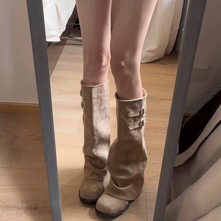 Merad Frosted Suede Double Buckle จีบซ้อนรองเท้าผู้หญิงแบน Retro Slimmer ดูขากว้าง Western กางเกง Rider…