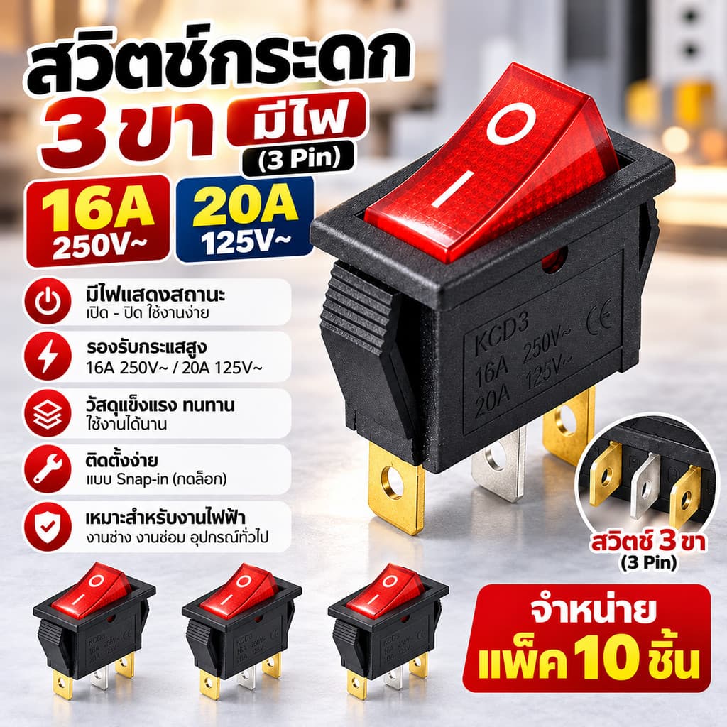 (แพ็ค 10 ชิ้น) TJR สวิทซ์แลมป์ ขนาดกลาง (Rocket switch) มีไฟ สีแดง 3P 15A125V , 10A 250V สวิตช์กระดก KCD-3