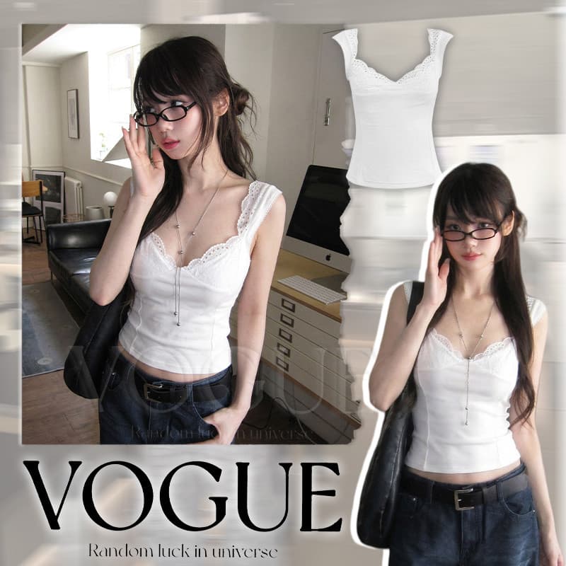 Vogue🌟พร้อมส่ง🌟 เสื้อยืดสายเดี่ยวขอบลูกไม้ ทรงเข้ารูปใส่สบาย ดีไซน์เรียบๆใส่ได้ทุกโอกาศ (FY5261)