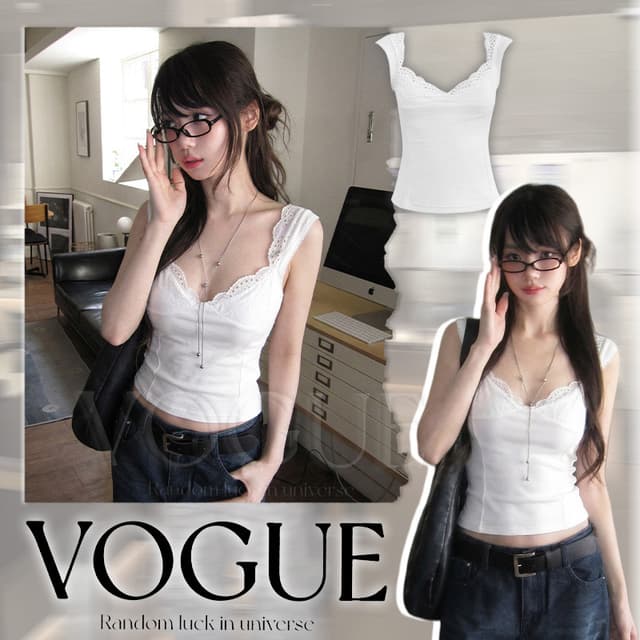 Vogue🌟พร้อมส่ง🌟 เสื้อยืดสายเดี่ยวขอบลูกไม้ ทรงเข้ารูปใส่สบาย ดีไซน์เรียบๆใส่ได้ทุกโอกาศ (FY5261)