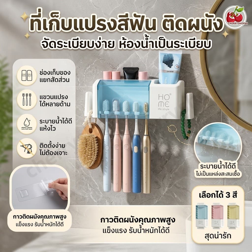 ที่ใส่แปรงสีฟันติดผนัง 5 หลุม ไม่ต้องเจาะรู วัสดุพลาสติก อเนกประสงค์ สําหรับห้องน้ํา จัดเก็บแปรงสีฟันและของใช้