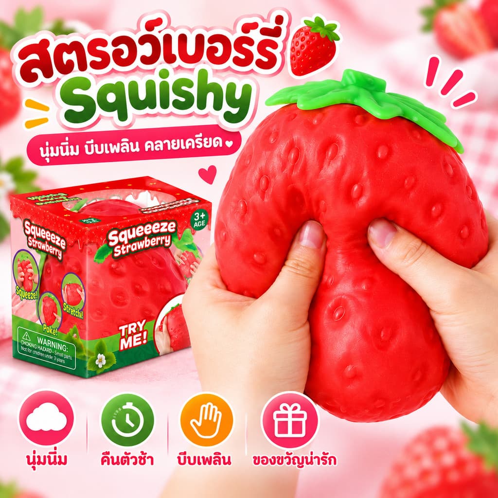 🍓Strawberry Mousse สกุชชี่สตรอว์เบอร์รี่ยักษ์ สอดไส้มูส นุ่มหนึบคืนตัวช้า กลิ่นหอม บีบเพลิน คลายเครียด