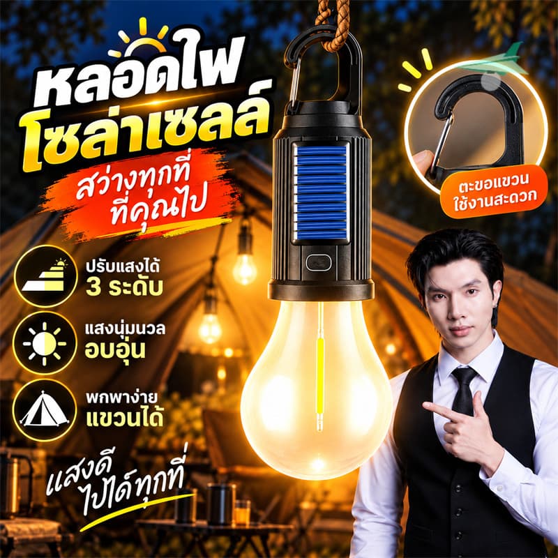 💡ไฟพลังงานแสงอาทิตย์ ไฟแคมป์ปิ้ง โคมไฟเต้นท์ ปรับระดับได้ แข็งแรง ทนทาน 3โหมด ชาร์จTYPE-C