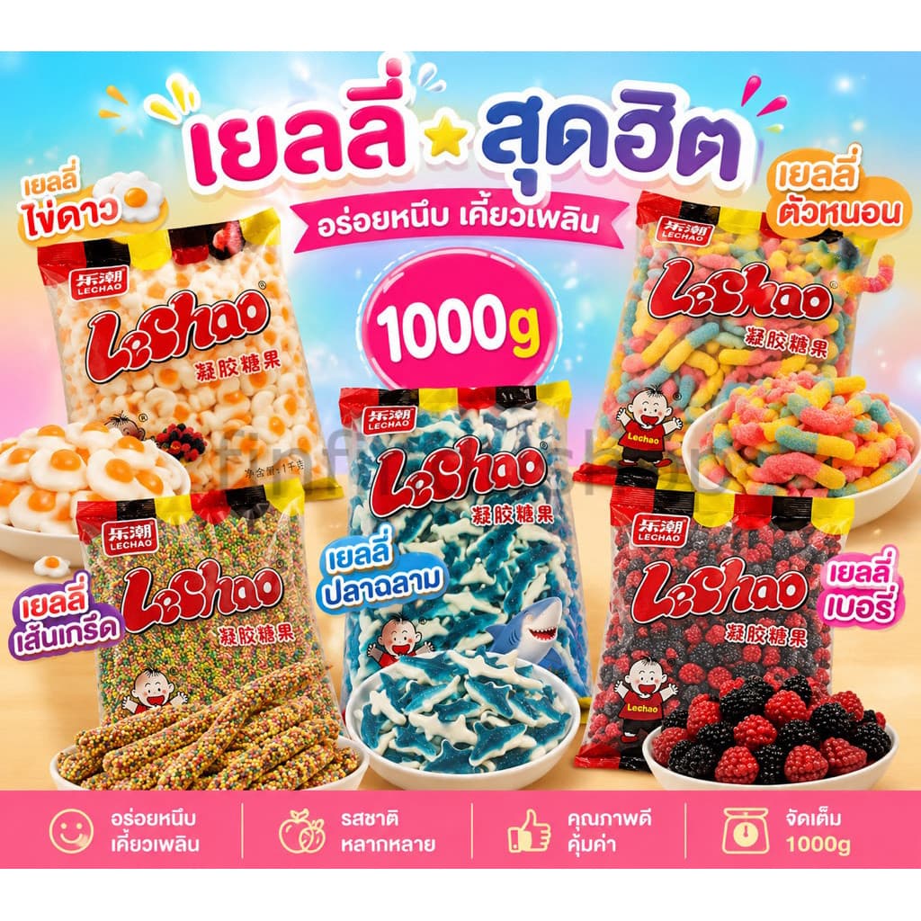 เยลลี่ Lechao (ไข่ดาว,ปลาฉลาม,ตัวหนอน,เม็ดเบอร์รี่,เส้นเกล็ด) 1Kg