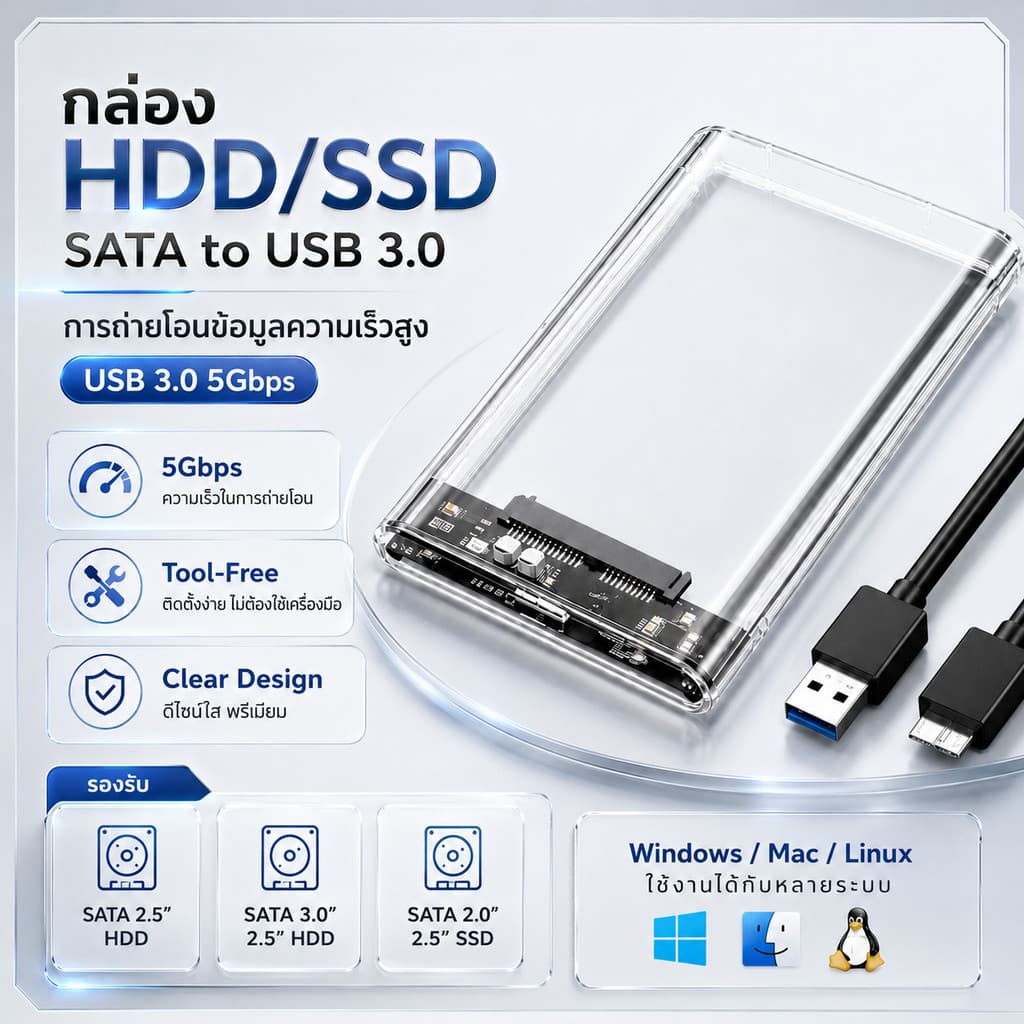 กล่องใส่ HDD SSD 2.5 นิ้ว USB 3.0 SATA III แบบใส รองรับฮาร์ดดิสก์และ SSD ถ่ายโอนข้อมูลรวดเร็ว ME027 รูปที่ 1