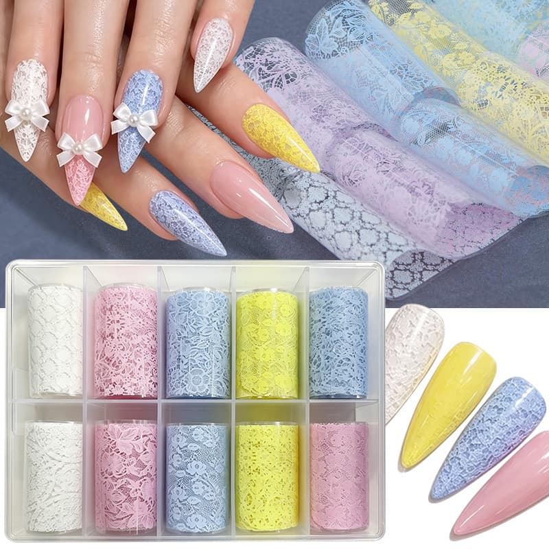 BORN PRETTY 10 ม้วนสีสันลูกไม้เล็บฟอยล์สีดําสีขาว Tulip รูปแบบ Hollow ลูกไม้เล็บ Decals…
