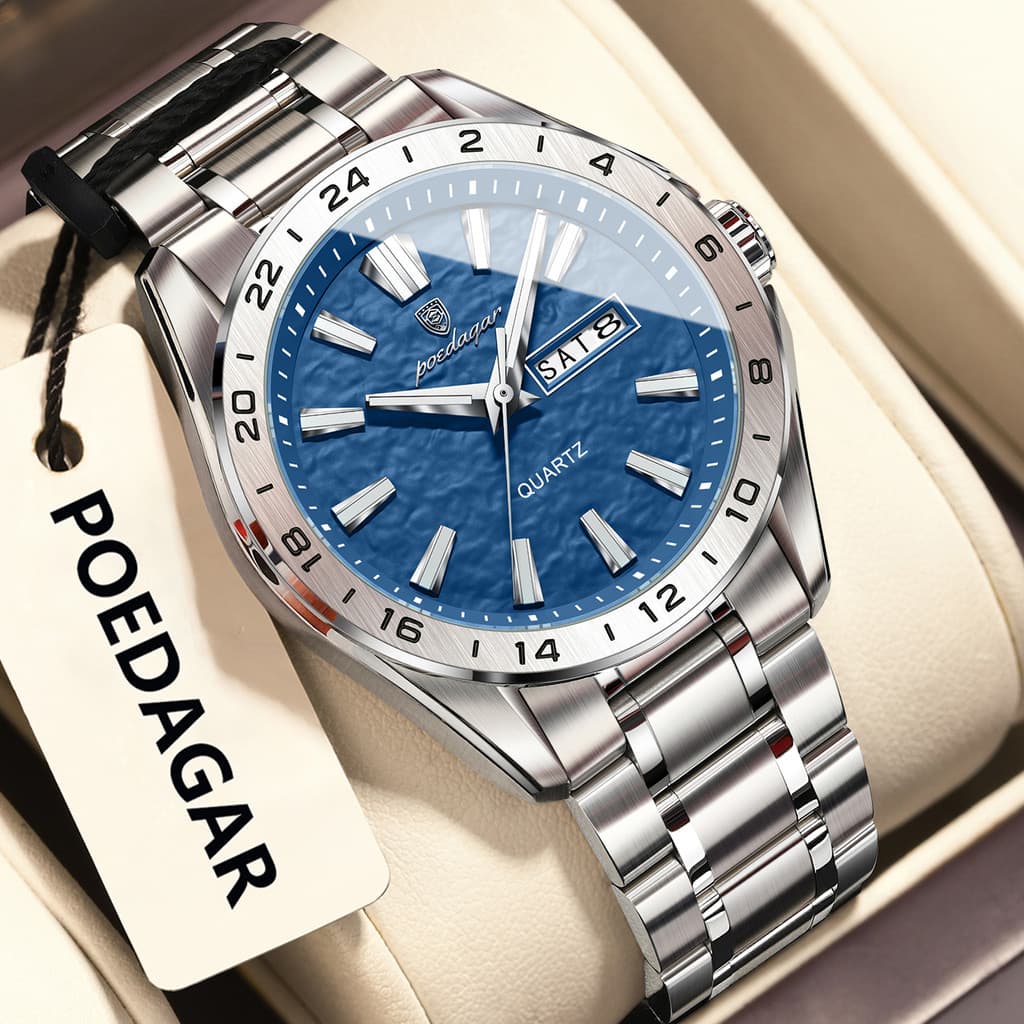 POEDAGAR กีฬา Original Men นาฬิกาควอตซ์วันที่สัปดาห์ Luxury Man นาฬิกาข้อมือกันน้ําส่องสว่างสแตนเลสนาฬิกาผู้ชา…