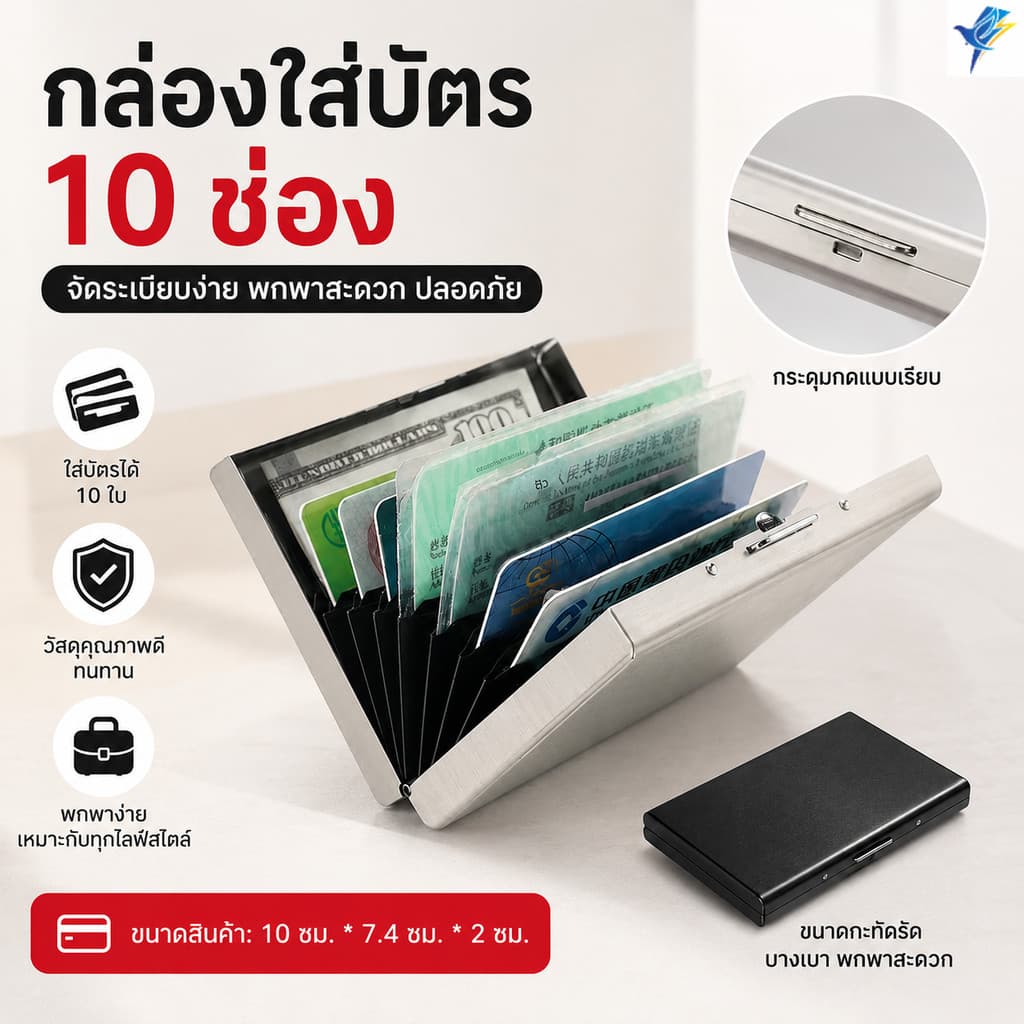 ที่ใส่บัตรเครดิตทําจากสแตนเลส มีคุณสมบัติในการป้องกัน ดีไซน์ทันสมัยและมีสไตล์ และมีช่องใส่บัตร 6 หรือ 10 ช่อง