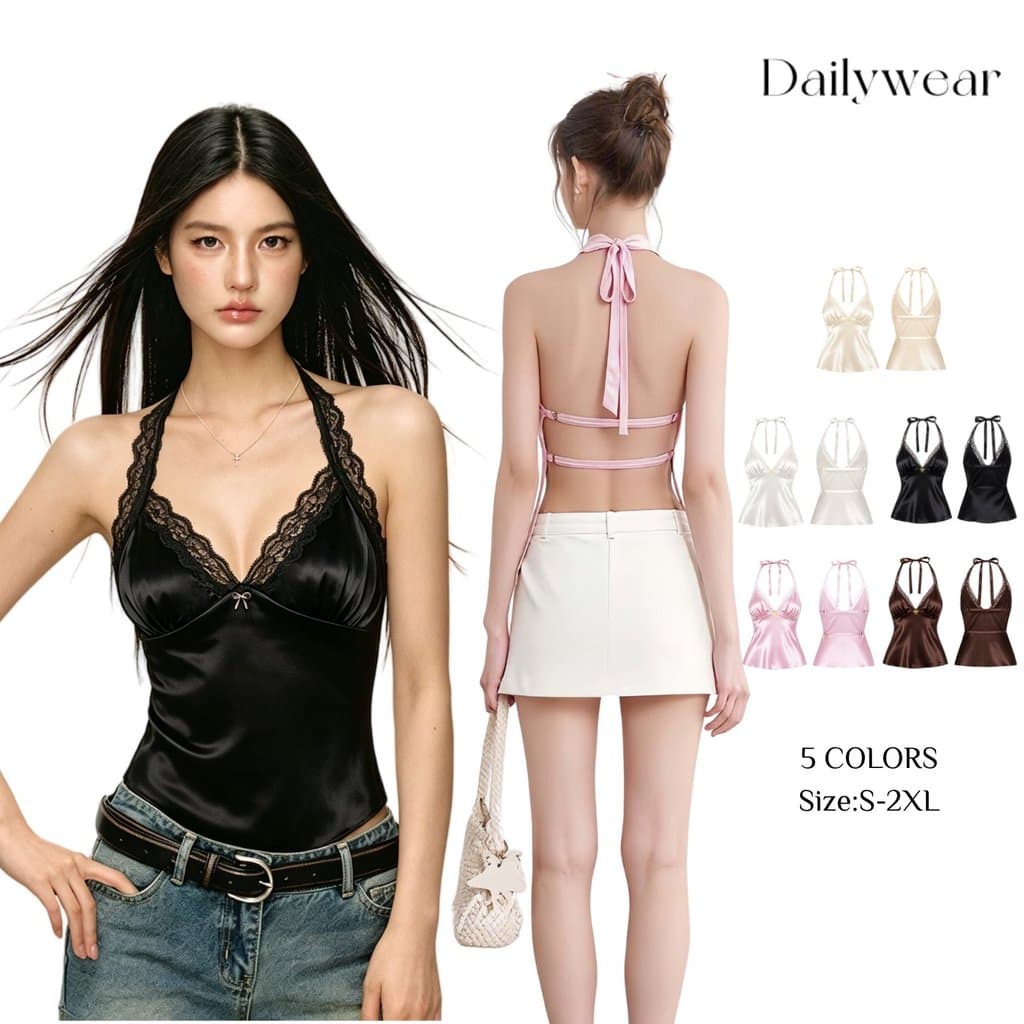 Dailywear พร้อมส่ง เสื้อกล้ามสายสะพายคอ ผ้าซาตินลูกไม้ หลังเปิดมีสายรัด มี5สี