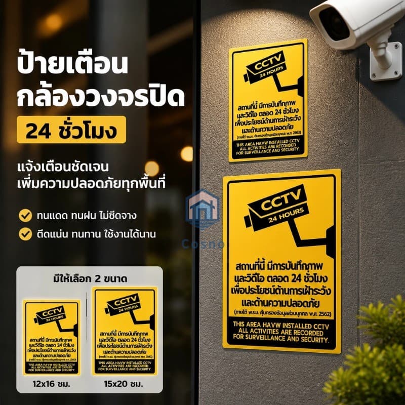 ป้ายเตือนบันทึกภาพวงจรปิด 24ชั่วโมง พิมพ์คมชัด ทนทานกลางแจ้งได้3ปี สองภาษาไทยอังกฤษ