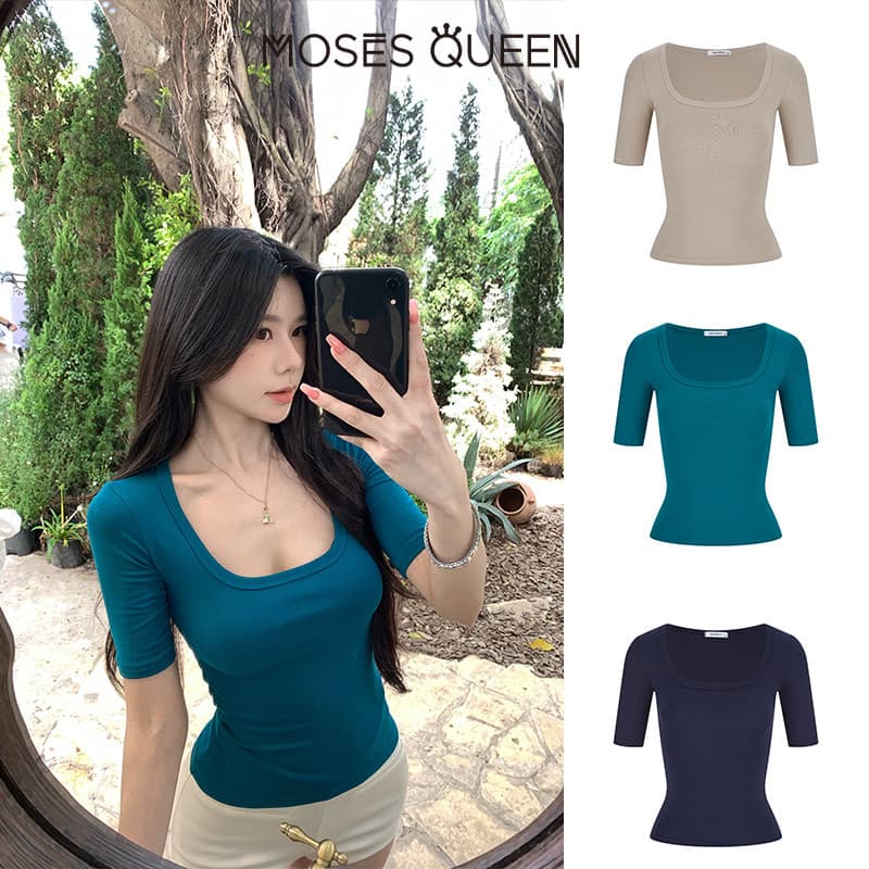 MOSESQUEEN นกยูงสีฟ้าขนาดใหญ่ U คอด้านหน้าวางเสื้อยืดแขนสั้นห้าชิ้นกลางแขนติดตั้งครึ่งแขนด้านบน #63982