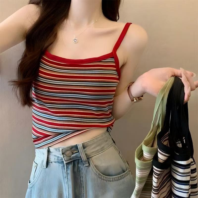 YY137 เสื้อสายเดี่ยวลายทาง เหมาะกับสาวเซ็กซี่ใสๆ เกาหลี สดใส น่ารัก ใส่สบาย ราคาถูก