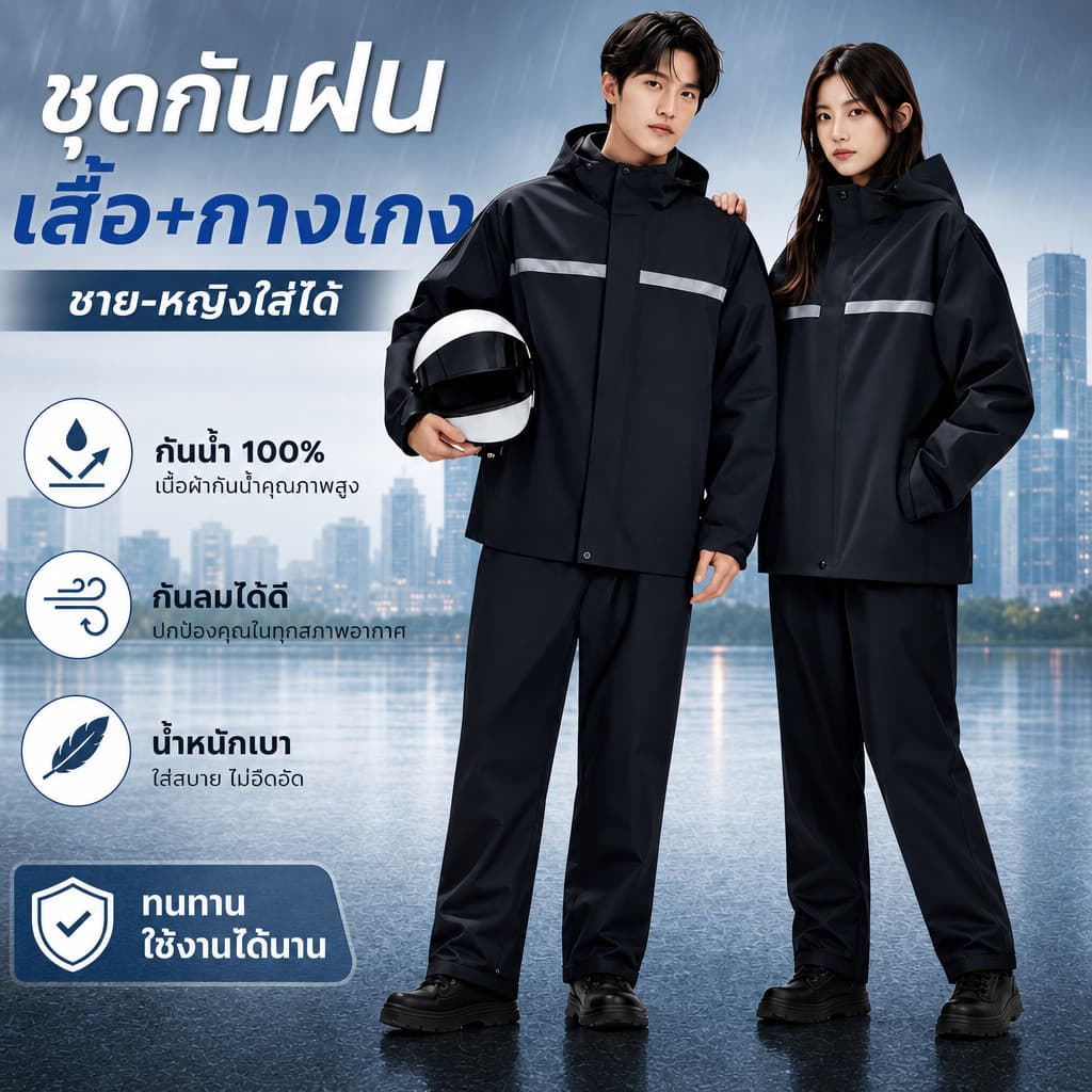 เสื้อกันฝนผู้ใหญ่หนา ชุดกันฝน แถบสะท้อนแสง เสื้อกันฝนมอเตอร์ไซค์ เสื้อและกางเกงกันฝน raincoat รูปที่ 1