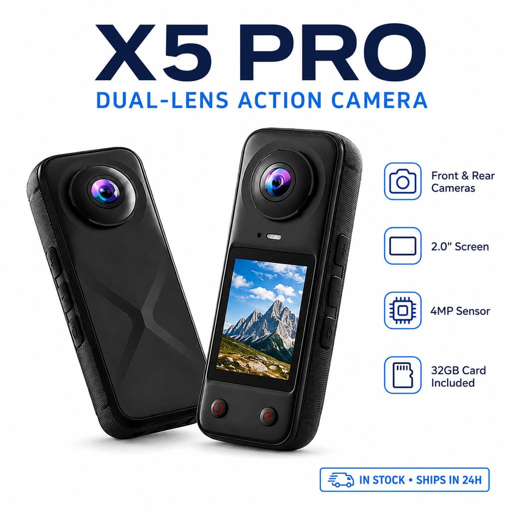 X5 Pro กล้องกีฬามือถือด้านหน้าด้านหลังกล้องคู่ 4MP พิกเซลหน้าจอ 2 นิ้วแบบพกพา Vlog กล้องสนับสนุน TF Card…