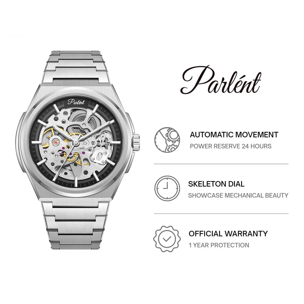 Parlent Stellar Automatic – นาฬิกาข้อมือผู้ชาย 42 มม, กลไกอัตโนมัติ, กันน้ํา 5ATM (50 ม), สเตนเลสสตีล