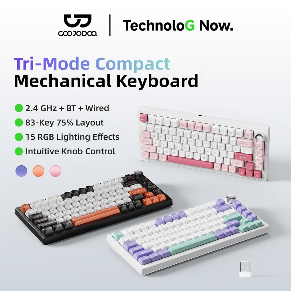 GOOJODOQ Mechanical Keyboard 2.4GHz+ Bluetooth 5.0+ USB-C Wired 83-Key 75% Layout 15 RGB Lighting Effects
