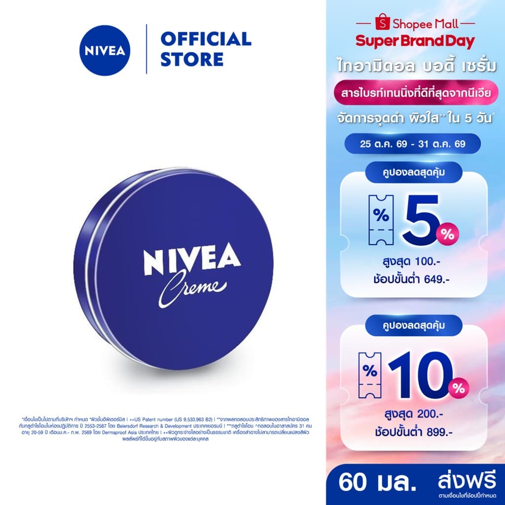 นีเวีย ครีม ครีมบํารุงผิวสูตรเข้มข้น 60 มล. NIVEA ครีมตลับน้ําเงิน ครีมทาผิว
