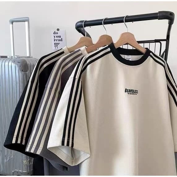 Chaistyle เสื้อยืดผู้ชาย ผ้าวาฟเฟิลด์ สไตล์ลายทาง ลาเกรน แขนสั้นแบบหลวมลําลอง เสื้อฤดูร้อน
