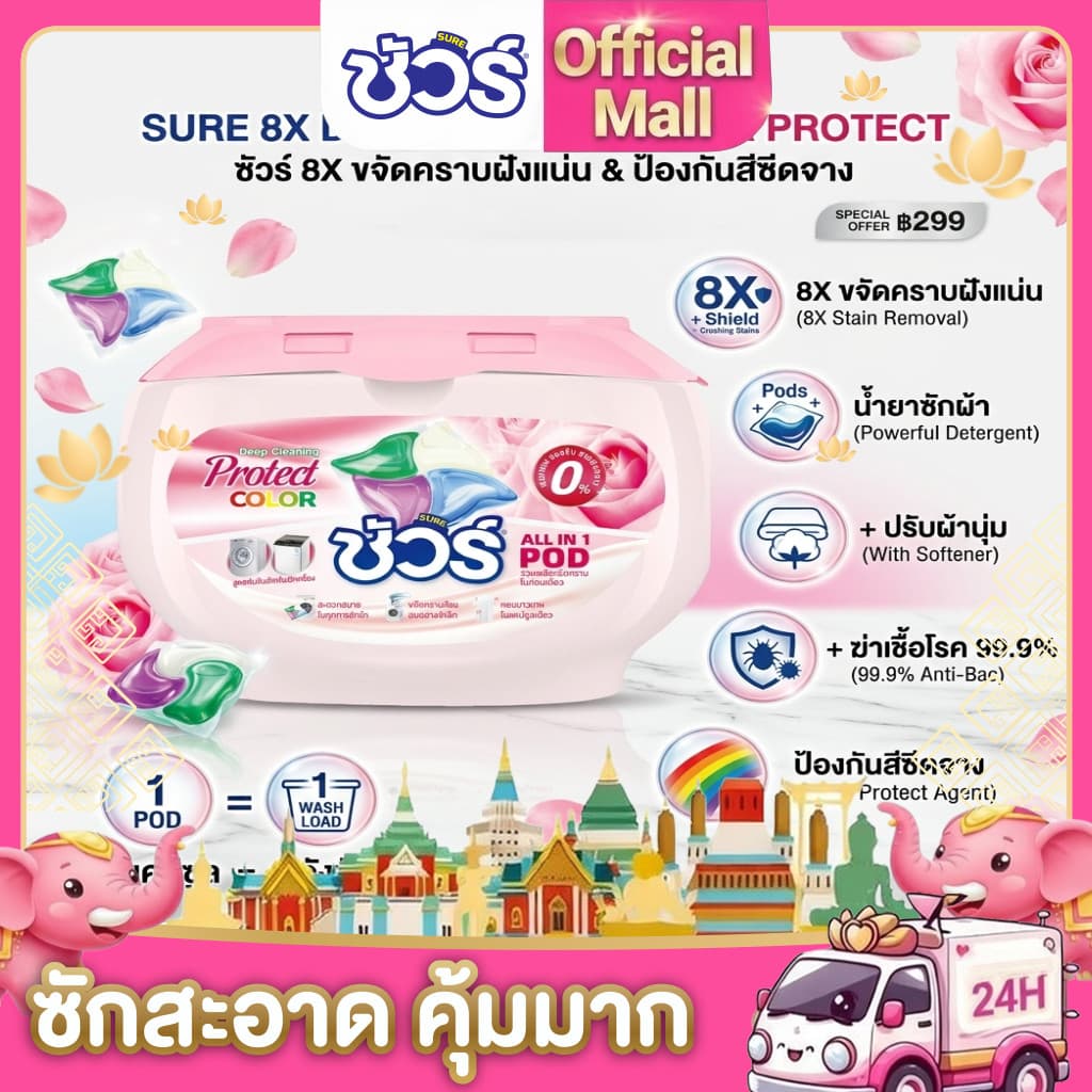 SURE 4in1 เจลบอลซักผ้า ชัวร์ 8X ขจัดคราบฝังแน่น➕น้ํายาซักผ้➕ปรับผ้านุ่ม➕​​น้ํายาฆ่าเชื้อ​➕​​สารป้องกันสีซีดจาง…
