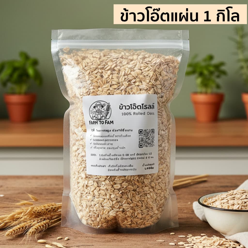 ข้าวโอ๊ตรีดแผ่น 1 กิโล Farm to Fam Rolled Oats คุมหิว อิ่มนาน ไม่เติมน้ําตาล อาหารคลีน