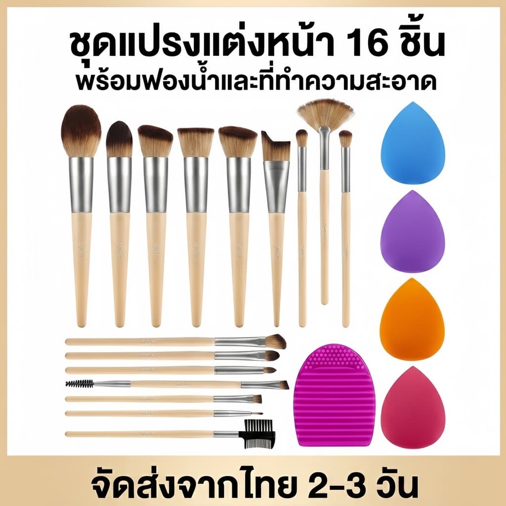 ชุดแปรงแต่งหน้า 16 ชิ้น ขนนุ่มเกรดพรีเมียม ครบเซ็ต พร้อมฟองน้ําและที่ล้างแปรง ด้ามไม้สวยงาม ส่งไวจากไทย