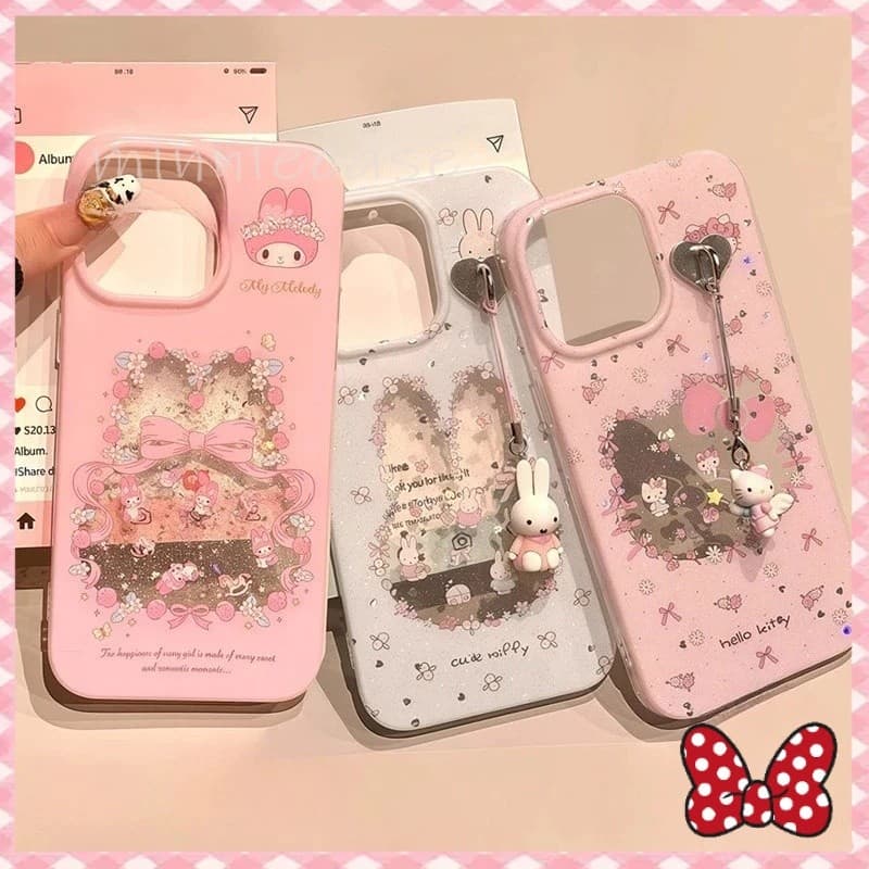 MINNIE กระต่ายลูกแมวน่ารักสีชมพูโบว์โบว์ดอกไม้เคส IPhone 16 11 14 13 15 12ProMax 7Plus 8 14 7 15Plus X XS Max…