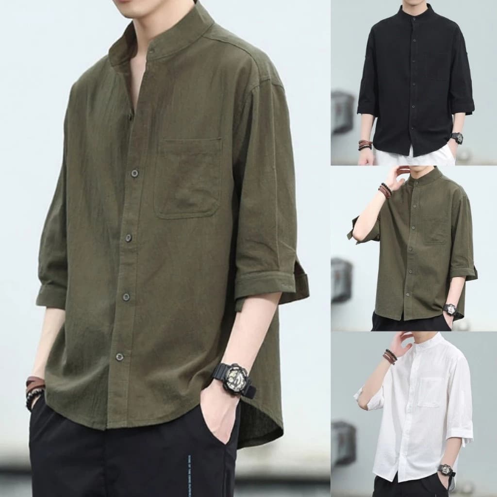 ผู้ชายผ้าฝ้ายผ้าลินินเสื้อแขนสั้นบางระบายอากาศได้