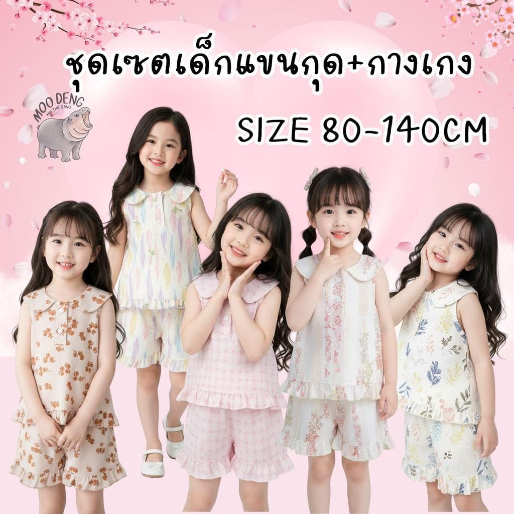 MooDeng Baby ชุดเซตเด็กหญิง แขนกุด กางเกง ขาสั้น ลายน่ารัก เนื้อผ้าผสม ฝ้าย และโพลี คอปก มีหูกระต่าย เอวยางยืด