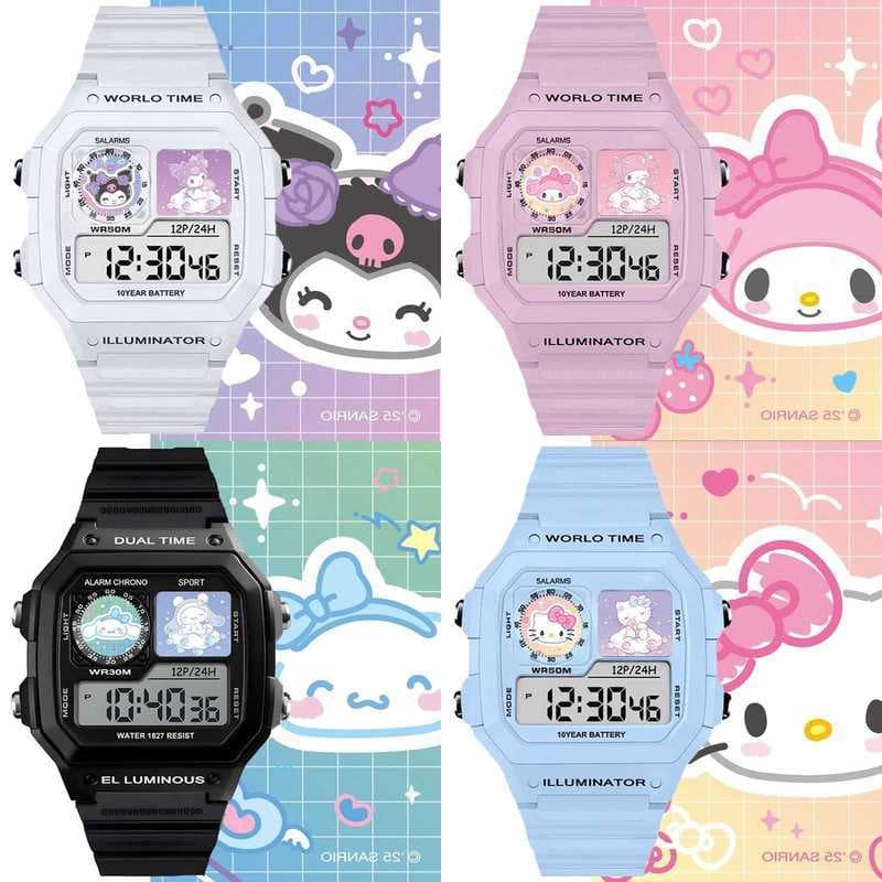 Hello Kitty Melody Kuromi Sanrio นาฬิกาข้อมือนักเรียนกันกระแทกนาฬิกาอิเล็กทรอนิกส์เรืองแสงสี่เหลี่ยมเล็กพร้อมน…