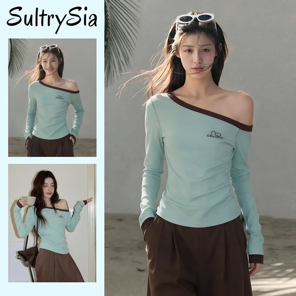 SultrySia เสื้อแขนยาวเปิดไหล่ผู้หญิง สีเขียวเรียบ เนื้อผ้านุ่ม ใส่สบายสําหรับลุคชิล "FY4484"
