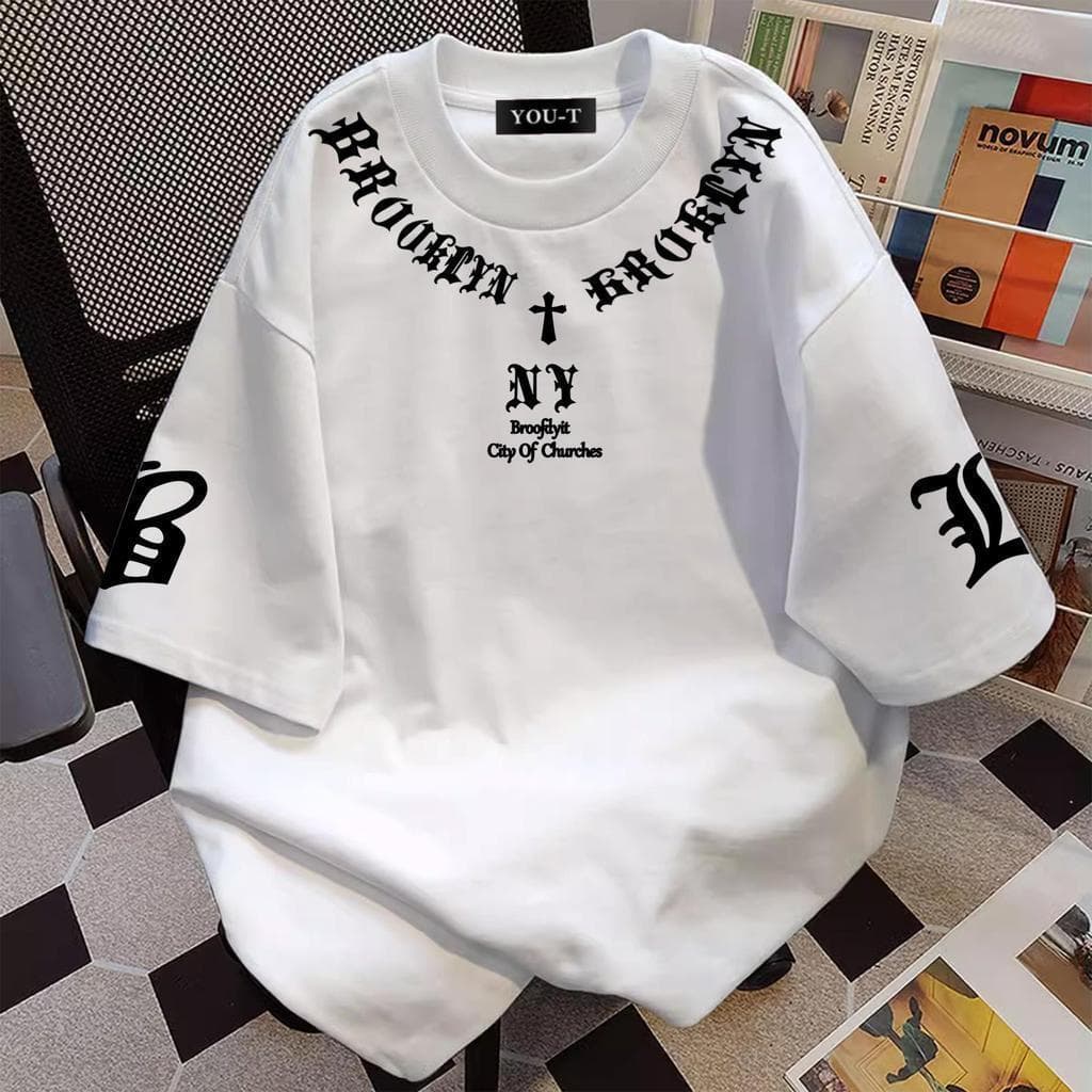 Top.basic เสื้อยืดผ้าคอตตอน “NY Cross” ทรง Oversize คอกลม แขนสั้น ผ้านุ่มสบาย ใส่ได้ทุกวัน ฤดูร้อน ไซส์ S-3XL