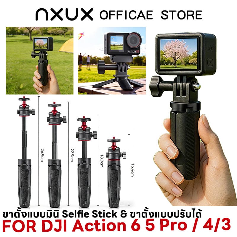 สําหรับ DJI Action 6 5 Pro / 4/3 มินิขาตั้งและ SelfieStick ที่สามารถขยายได้พร้อมกล้องอะแดปเตอร์น้ําหนักเบา…