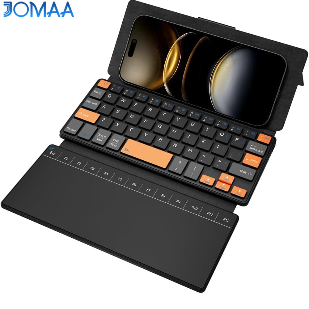 คีย์บอร์ดไร้สายสําหรับเดินทาง JOMAA พร้อมแป้นพิมพ์ Bluetooth แบบชาร์จได้ทัชแพดพร้อมแทร็กแพดขนาดใหญ่และขาตั้งมุ…