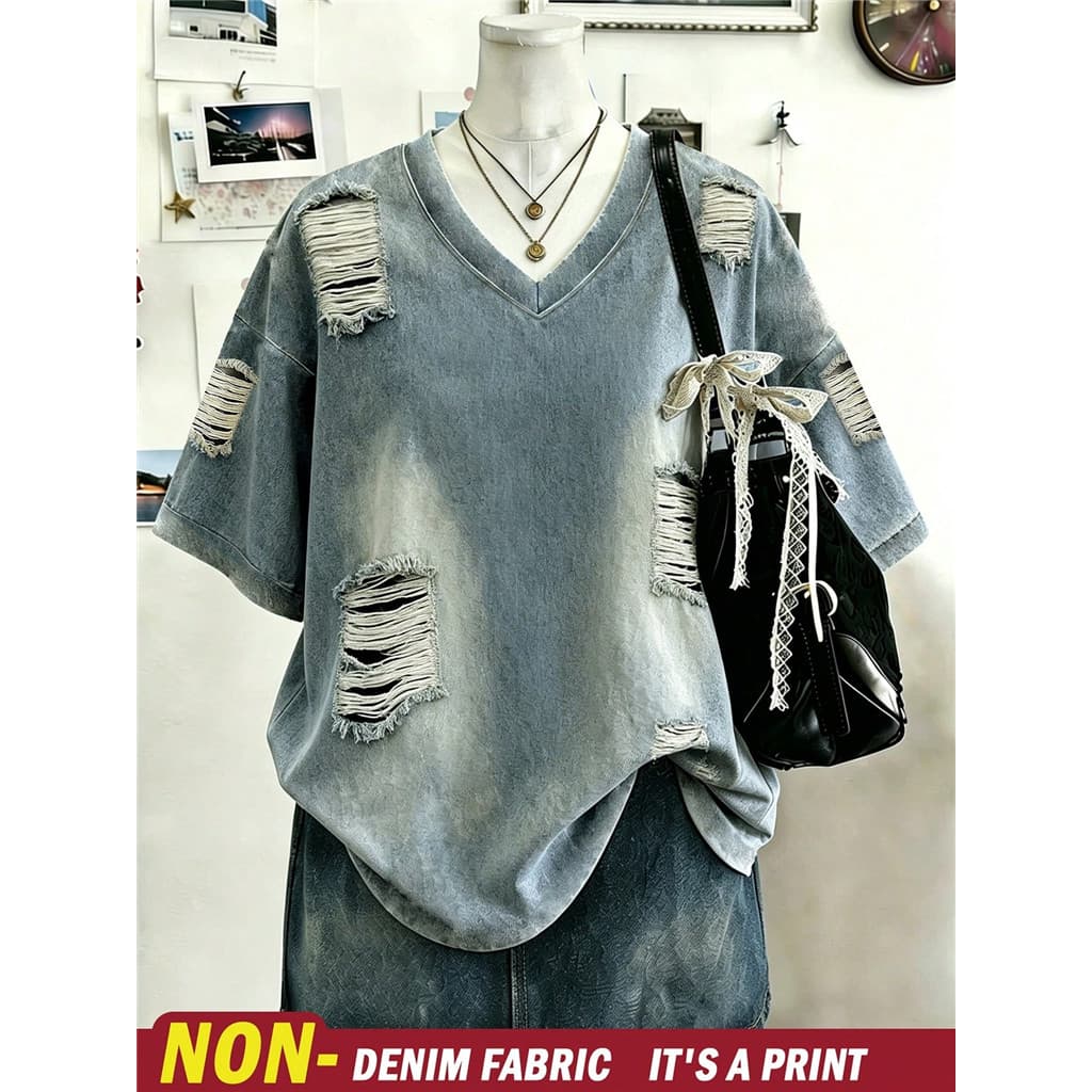 เสื้อยืดคอวีพิมพ์ลายกราฟิกวินเทจทุกข์สําหรับผู้หญิงแฟชั่นสตรีท